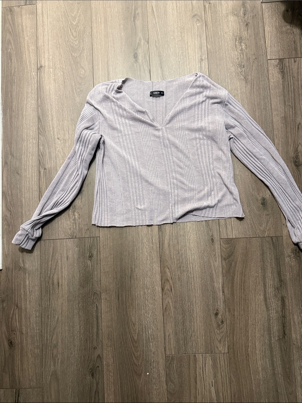 Light Lavender Ribbed V-Neck Long Sleeve Top
